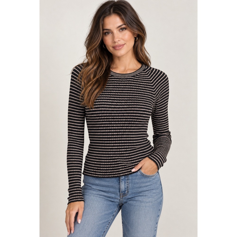 J.McLaughlin Sweater Women XL Black Tan Slim Fit Striped Ribbed Knit Crew Neck